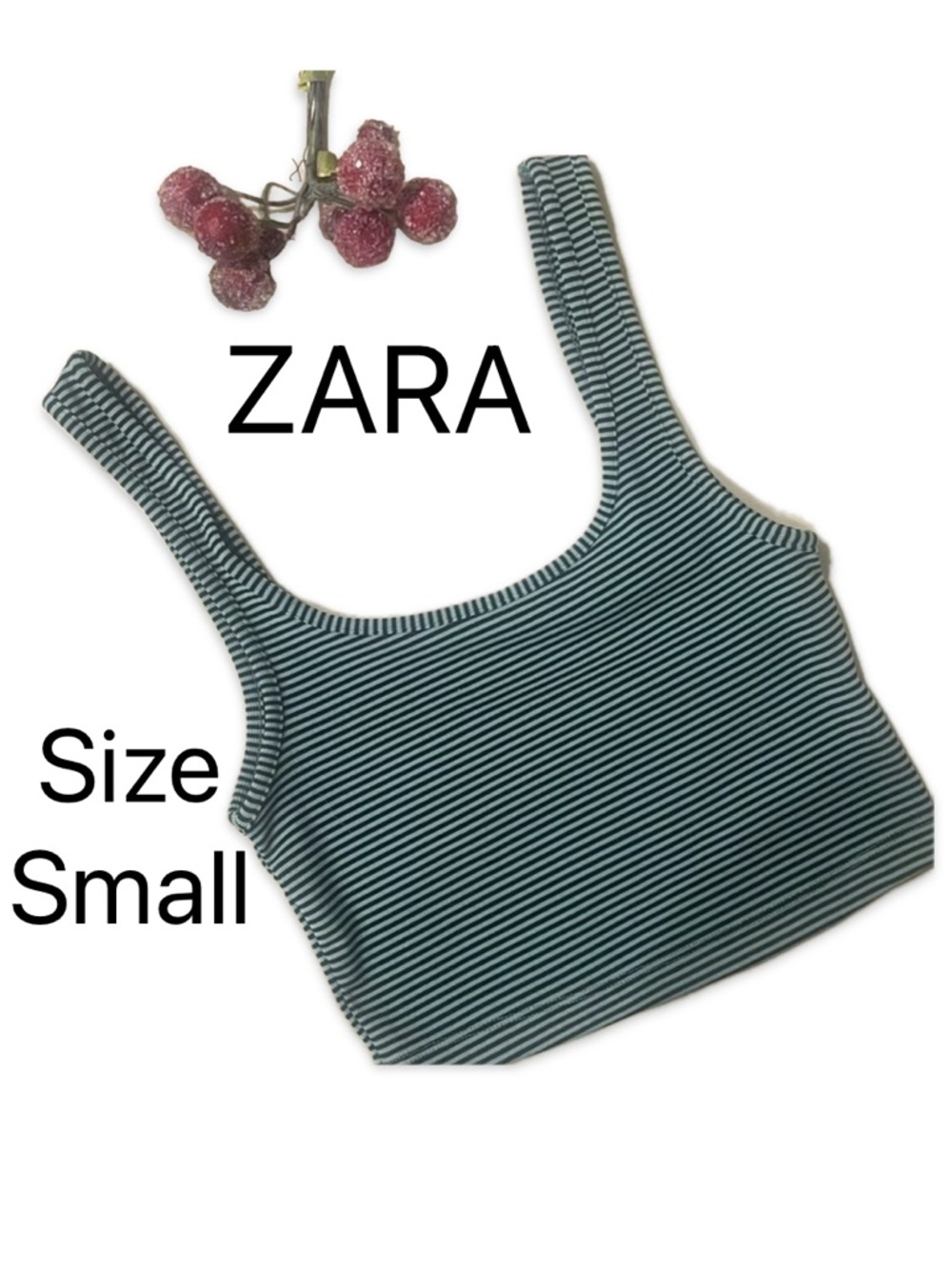 Zara Womens Green/Black Striped Ribbed Stretch Cropped Tank Top 🔥 Size Small